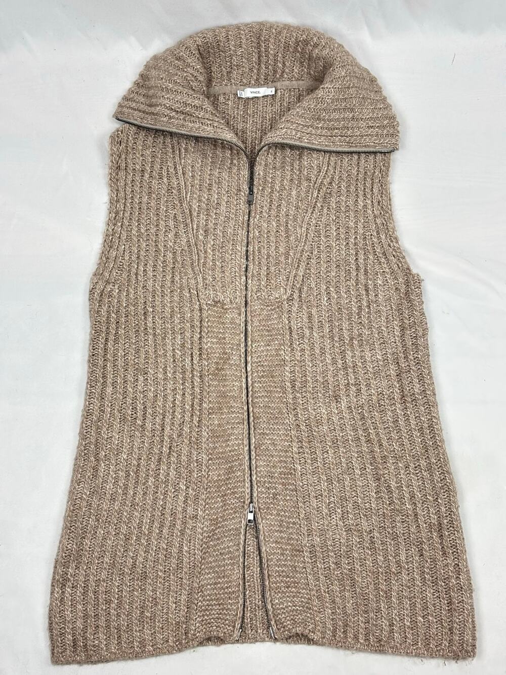 Vince Beige Rib-Knit Zip-Up Sweater Vest Funnel Neck Alpaca Merino XS